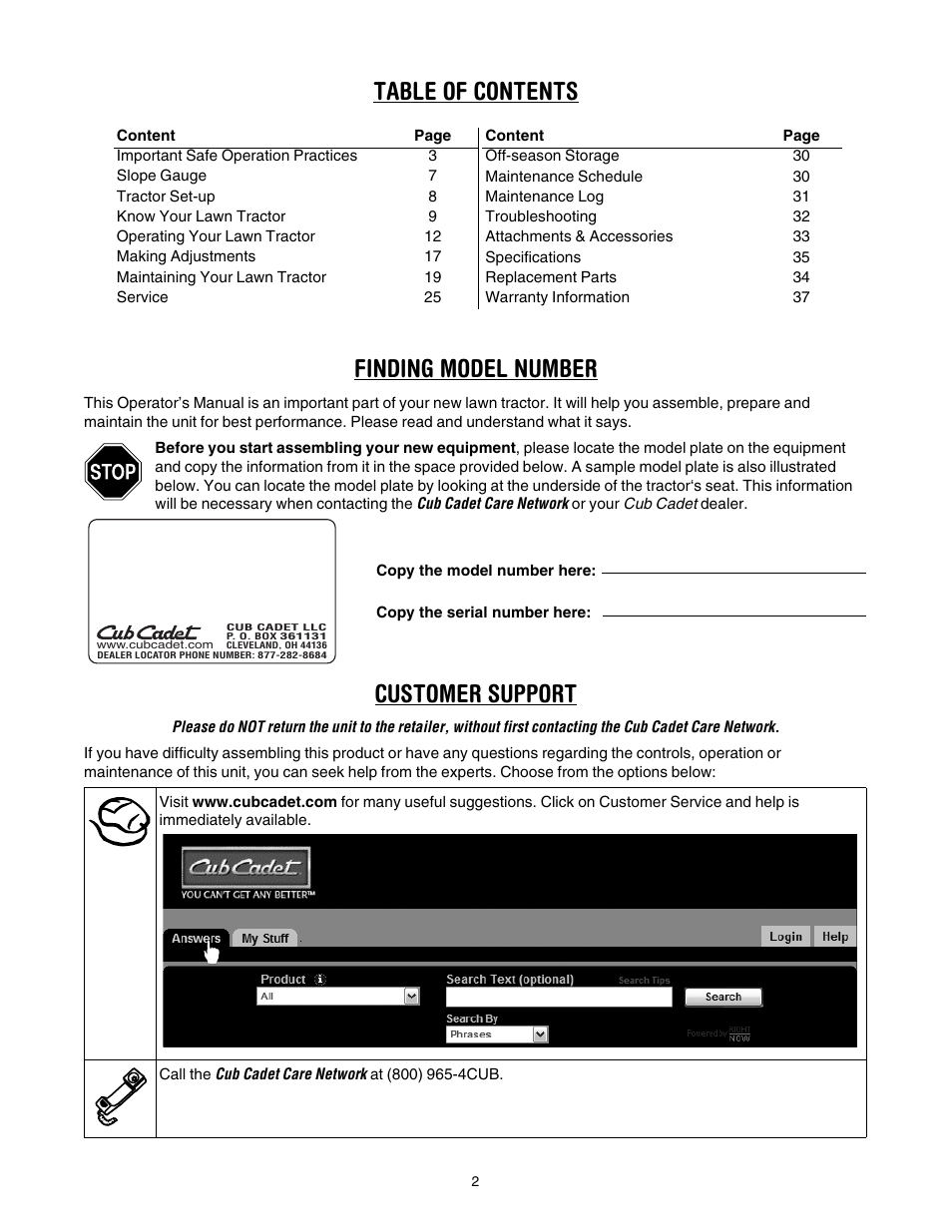 Table of contents finding model number, Customer support | Cub Cadet LT1042 User Manual | Page 2 / 40