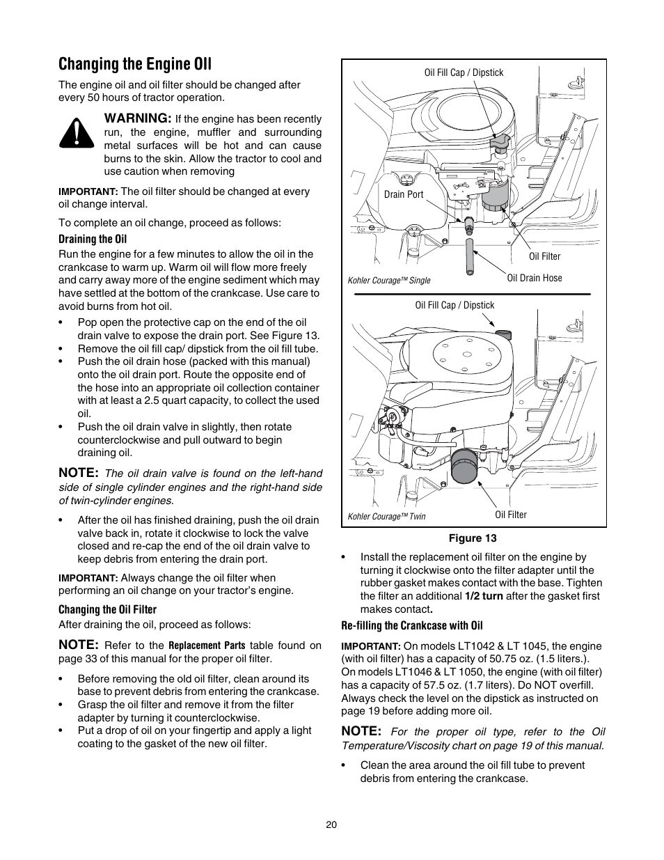 Changing the engine oil | Cub Cadet LT1042 User Manual | Page 20 / 40