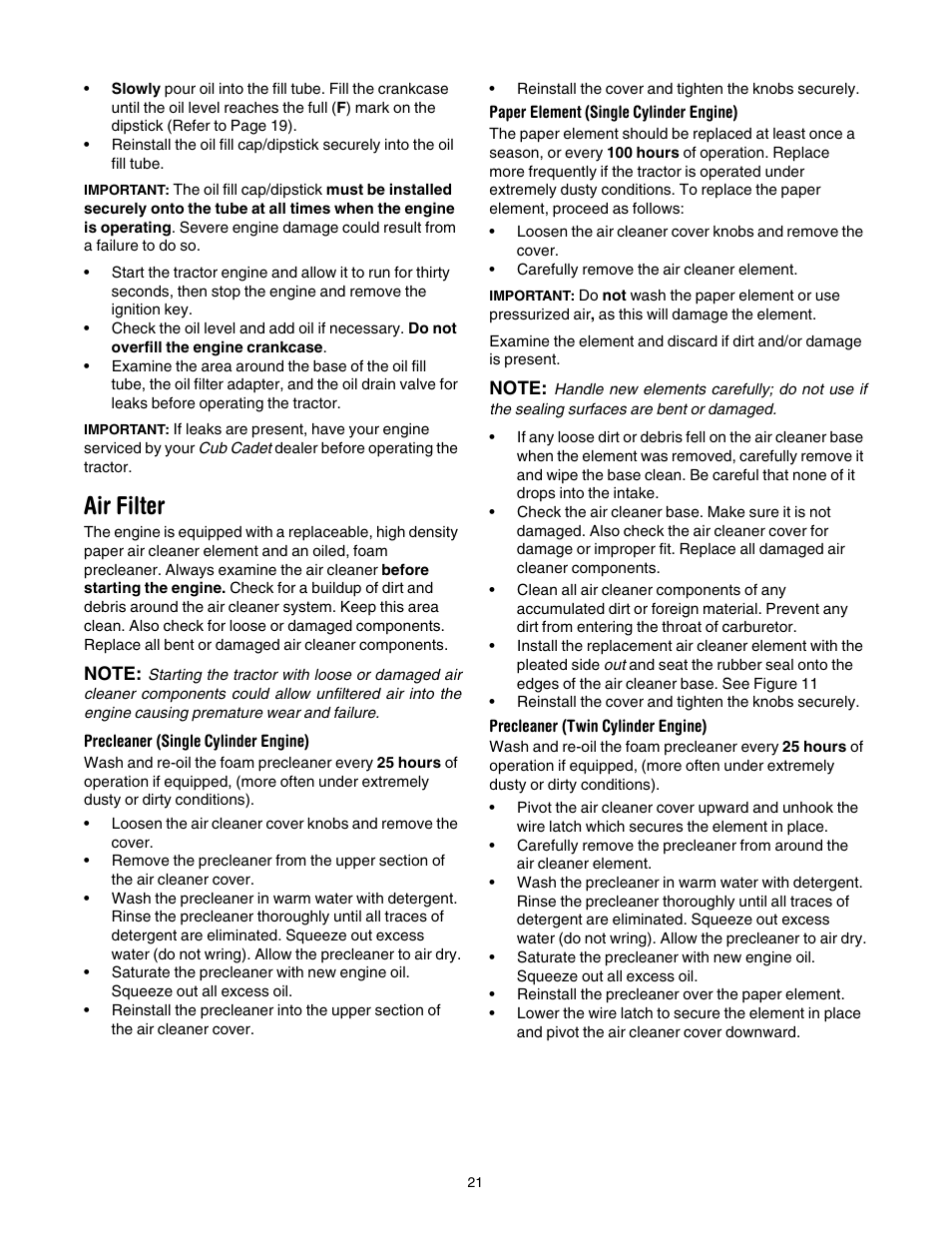 Air filter | Cub Cadet LT1042 User Manual | Page 21 / 40