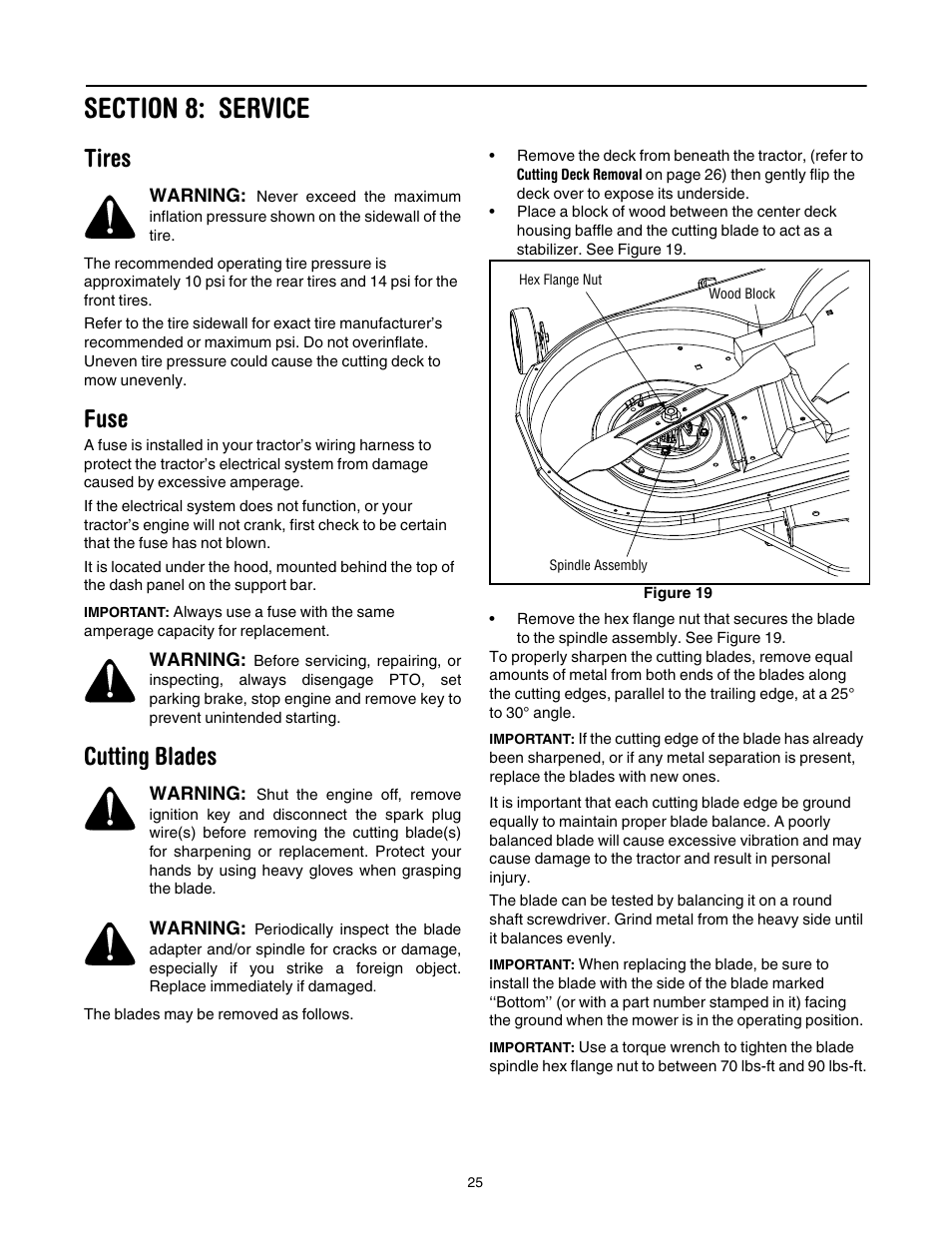 Section 8: service, Tires, Fuse | Cutting blades, 25 o, 25 f | Cub Cadet LT1042 User Manual | Page 25 / 40