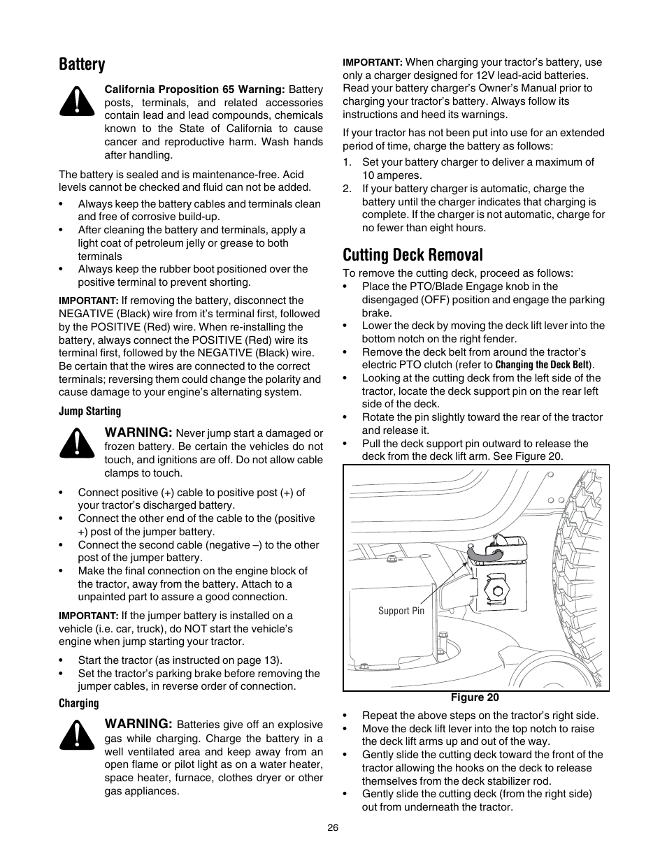 Battery, Cutting deck removal | Cub Cadet LT1042 User Manual | Page 26 / 40