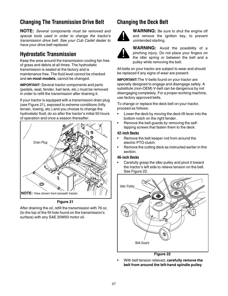 Changing the transmission drive belt, Hydrostatic transmission, Changing the deck belt | Cub Cadet LT1042 User Manual | Page 27 / 40