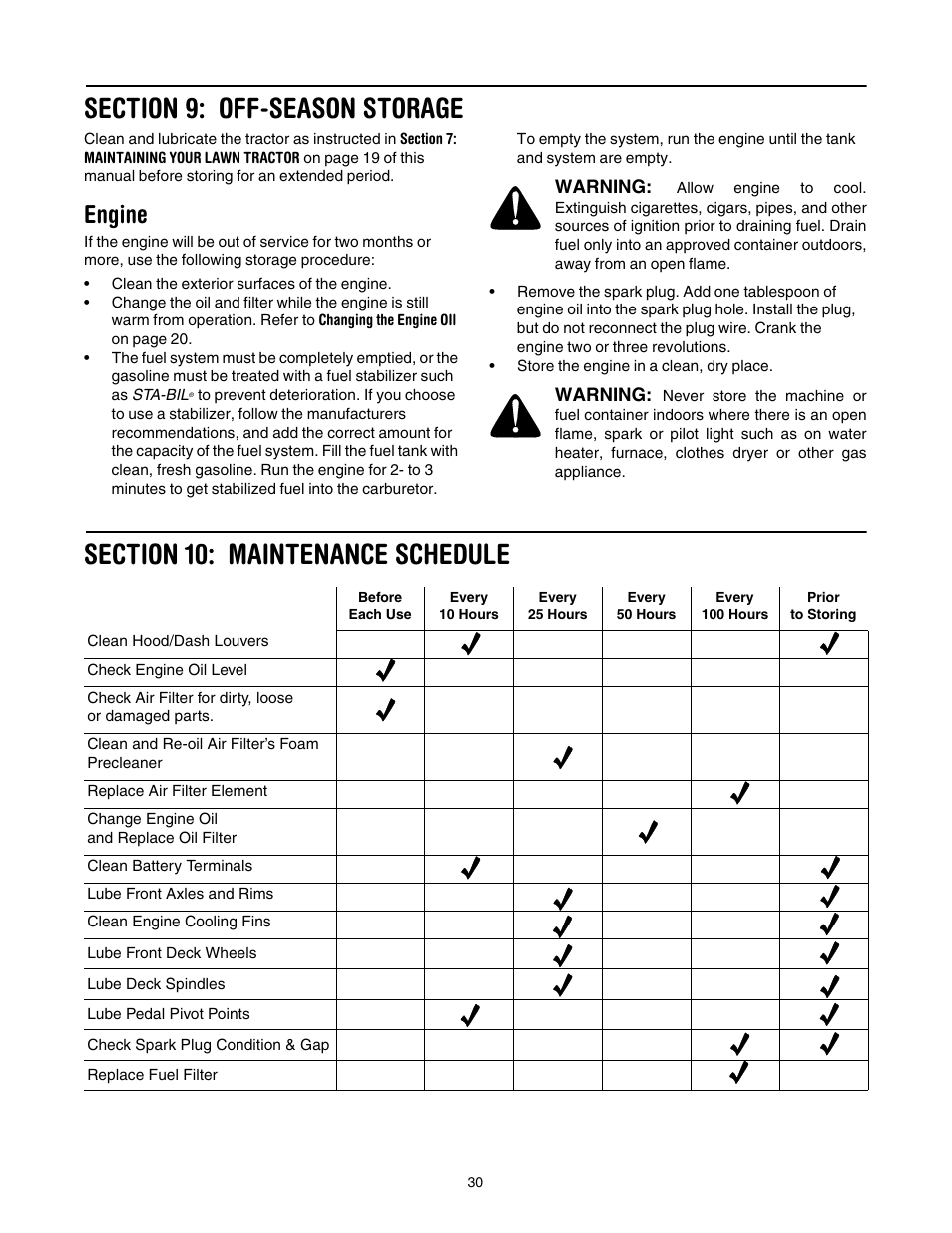 Section 9: off-season storage, Engine, Section 10: maintenance schedule | Cub Cadet LT1042 User Manual | Page 30 / 40