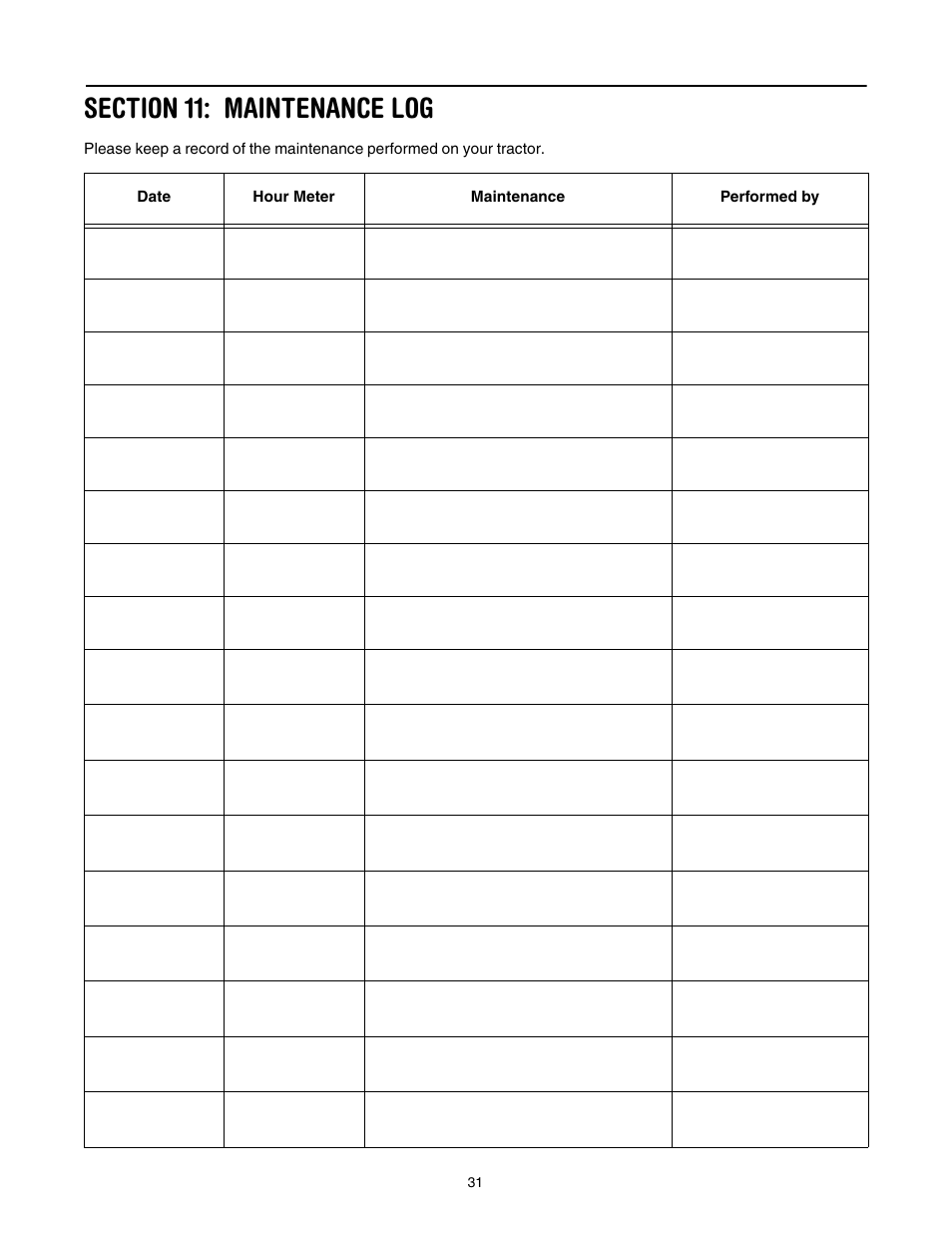 Section 11: maintenance log | Cub Cadet LT1042 User Manual | Page 31 / 40