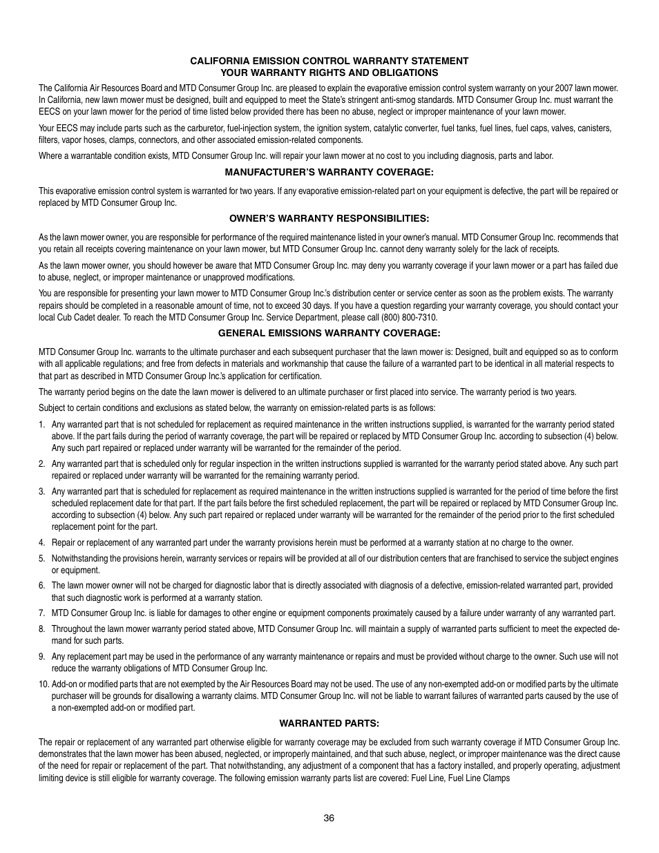 Manufacturer’s warranty coverage, Owner’s warranty responsibilities, General emissions warranty coverage | Warranted parts | Cub Cadet LT1042 User Manual | Page 36 / 40