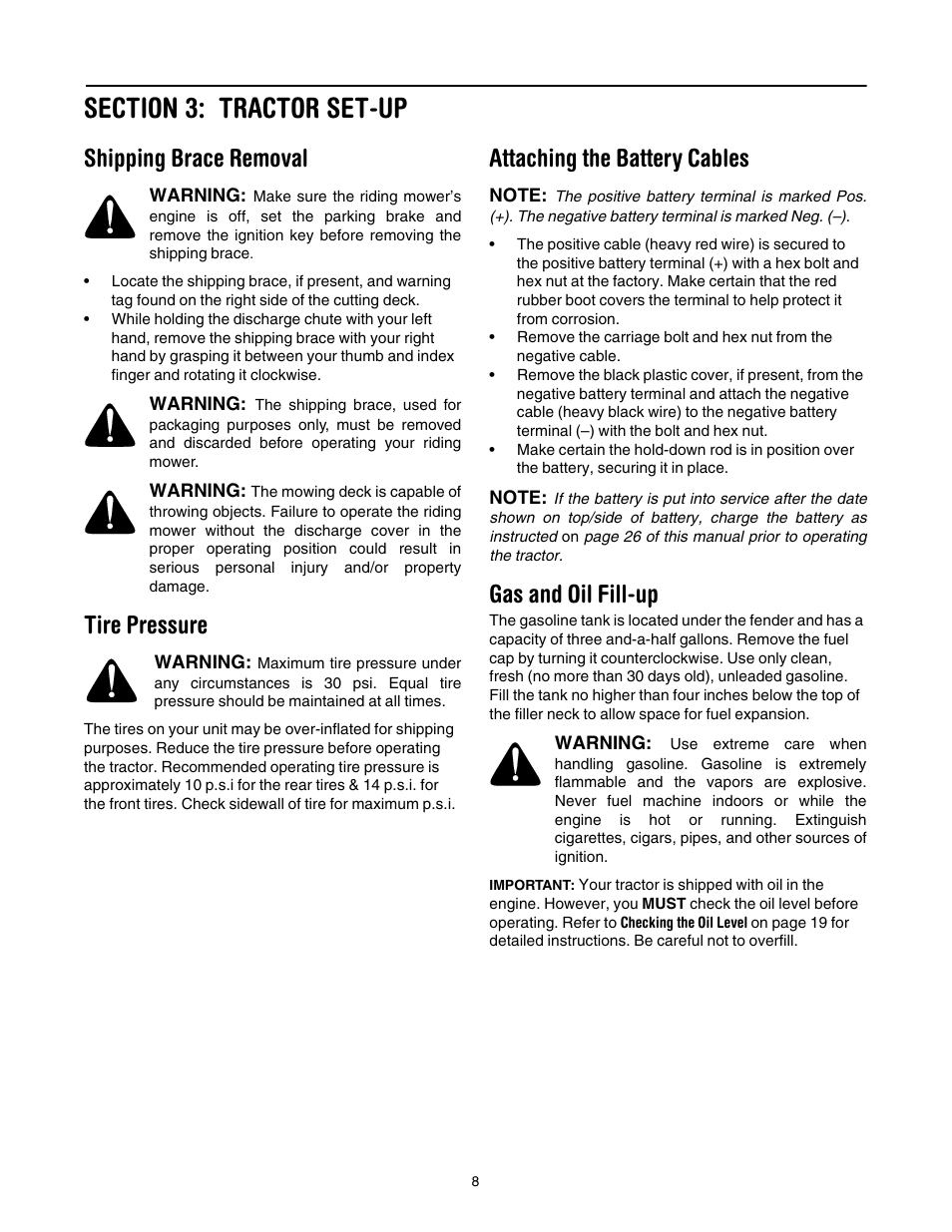 Section 3: tractor set-up, Shipping brace removal, Tire pressure | Attaching the battery cables, Gas and oil fill-up | Cub Cadet LT1042 User Manual | Page 8 / 40