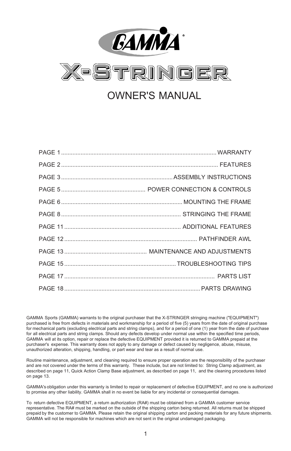 Gamma x-es, Owner's manual | GAMMA X-Stringer X-ES STRINGING MACHINE (Issue 1 - May 2004) User Manual | Page 2 / 19