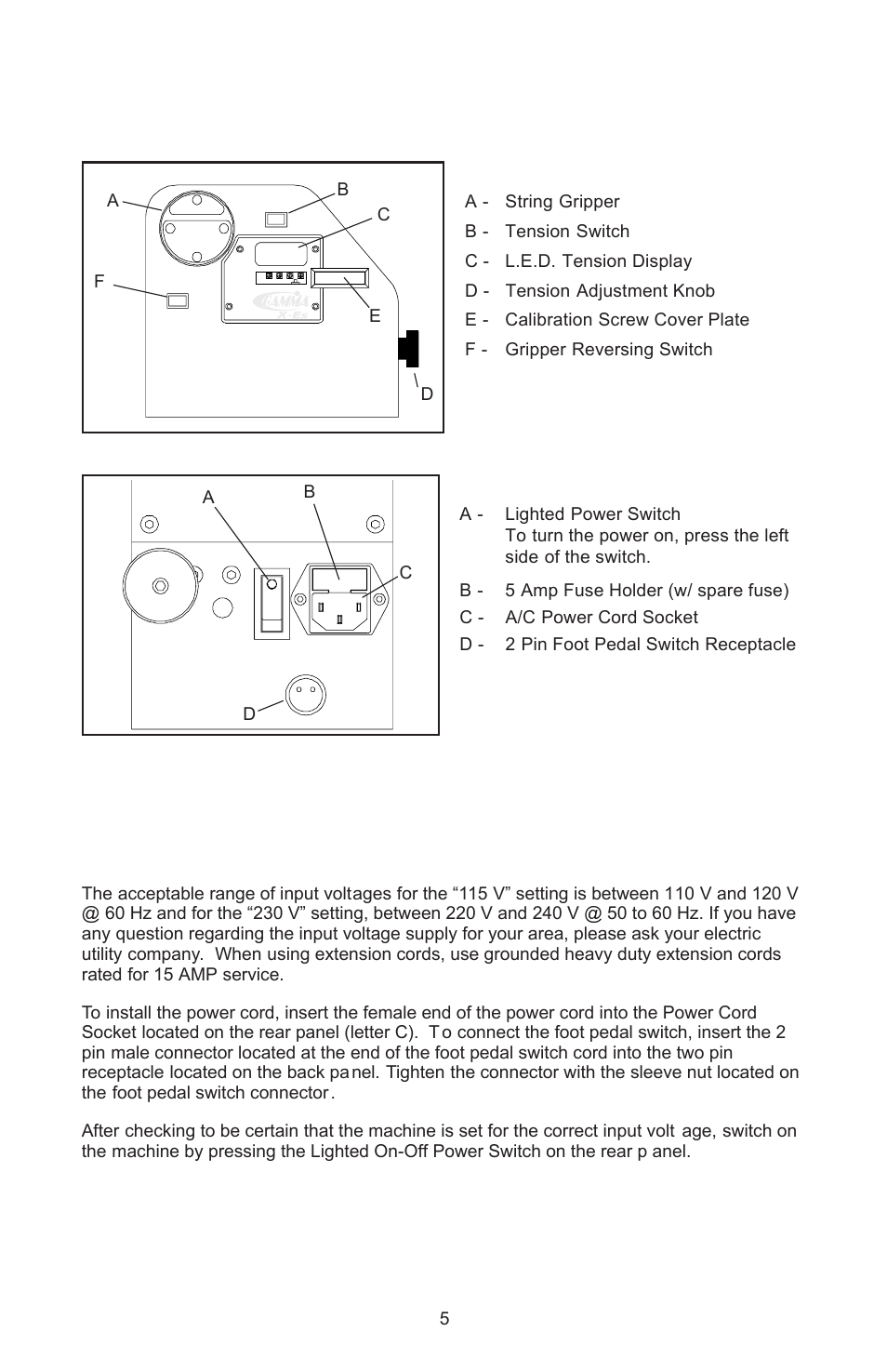 Power connection & controls, Warning | GAMMA X-Stringer X-ES STRINGING MACHINE (Issue 1 - May 2004) User Manual | Page 6 / 19