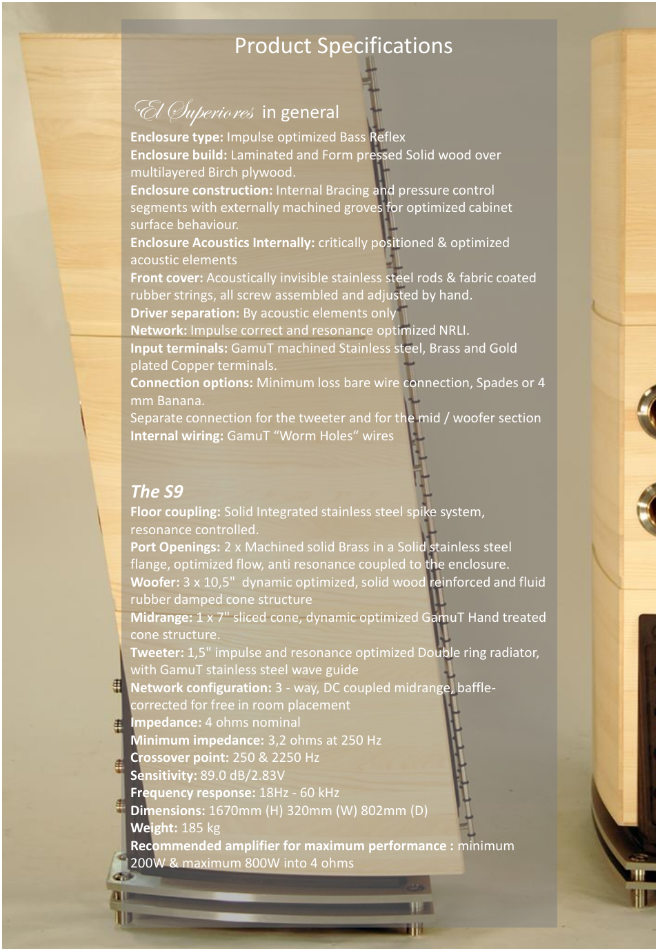 El superiores, Product specifications | GamuT RS3 User Manual | Page 11 / 20