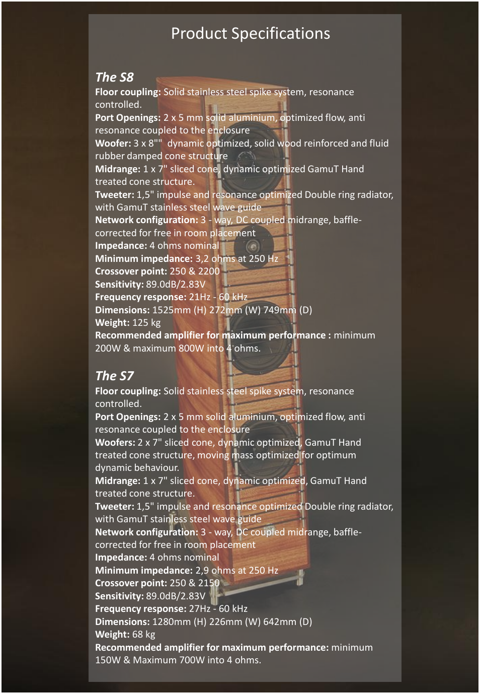 Product specifications | GamuT RS3 User Manual | Page 12 / 20