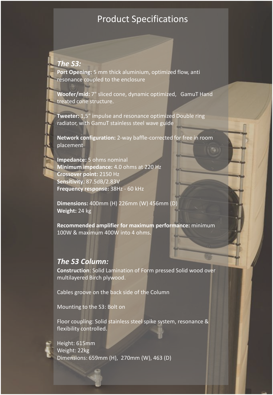 Product specifications, The s3, The s3 column | GamuT RS3 User Manual | Page 14 / 20