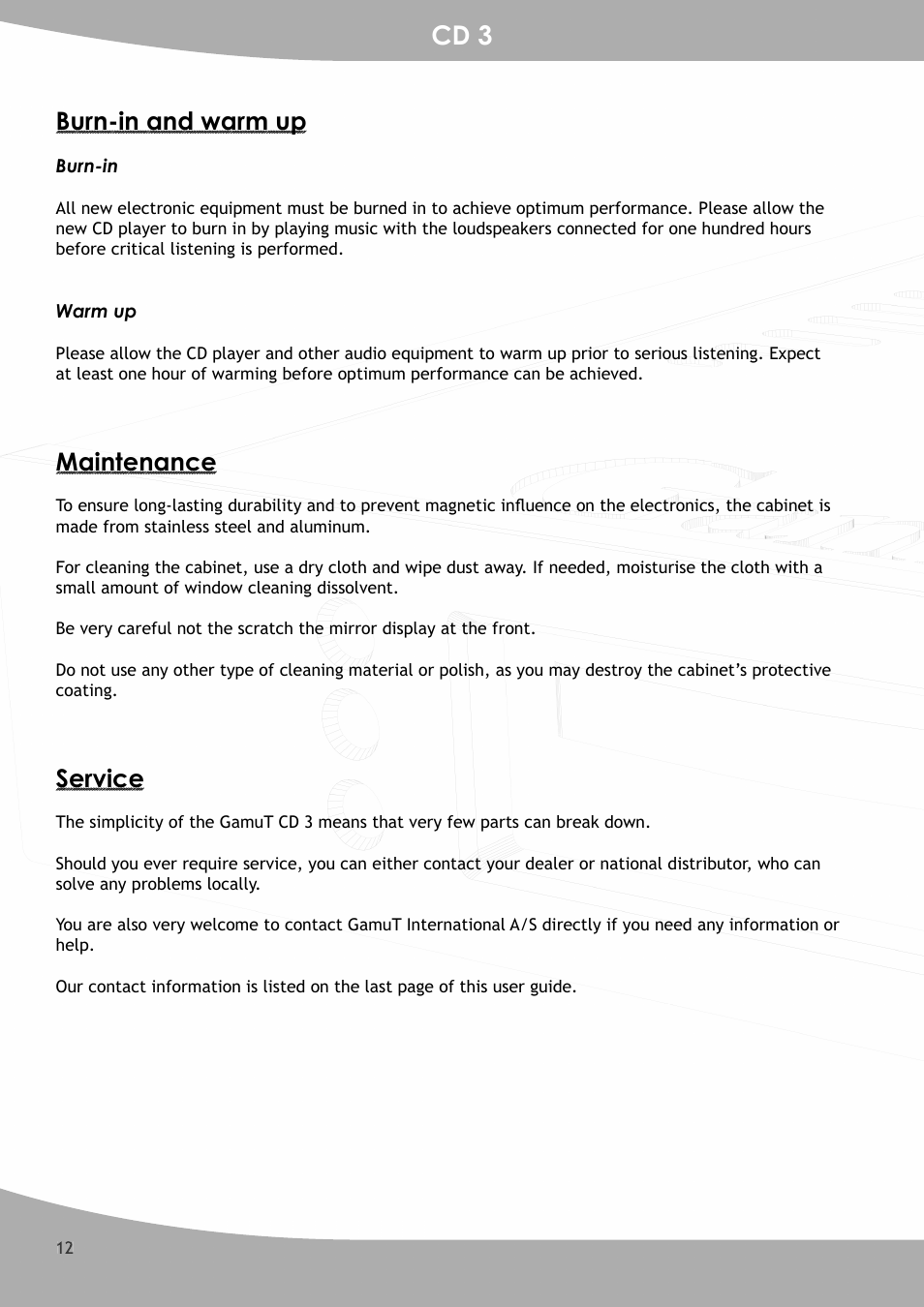 Cd 3, Burn-in and warm up, Maintenance | Service | GamuT CD3 User Manual | Page 12 / 16