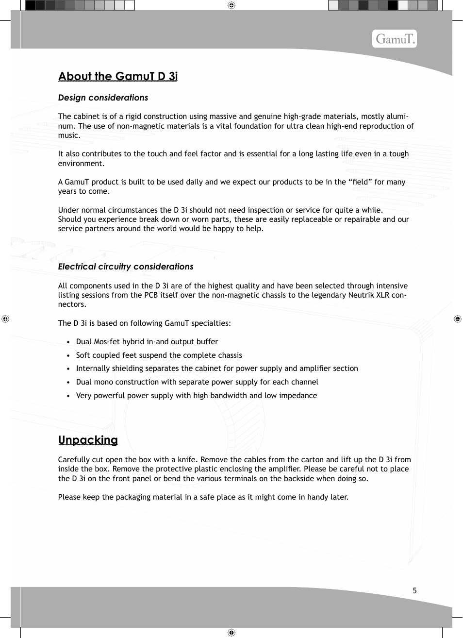 About the gamut d 3i, Unpacking | GamuT D3i User Manual | Page 5 / 16