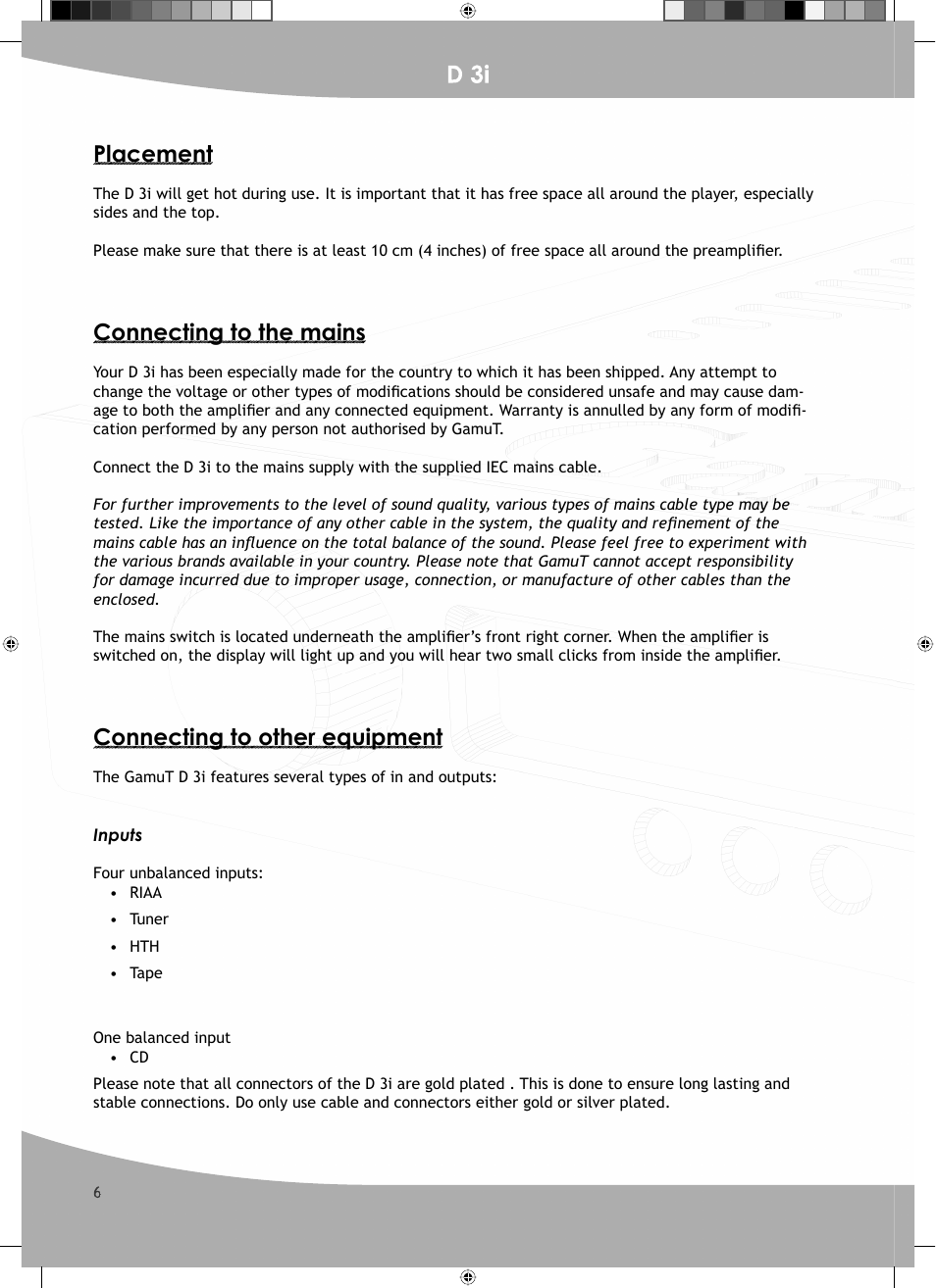 D 3i, Placement, Connecting to the mains | Connecting to other equipment | GamuT D3i User Manual | Page 6 / 16