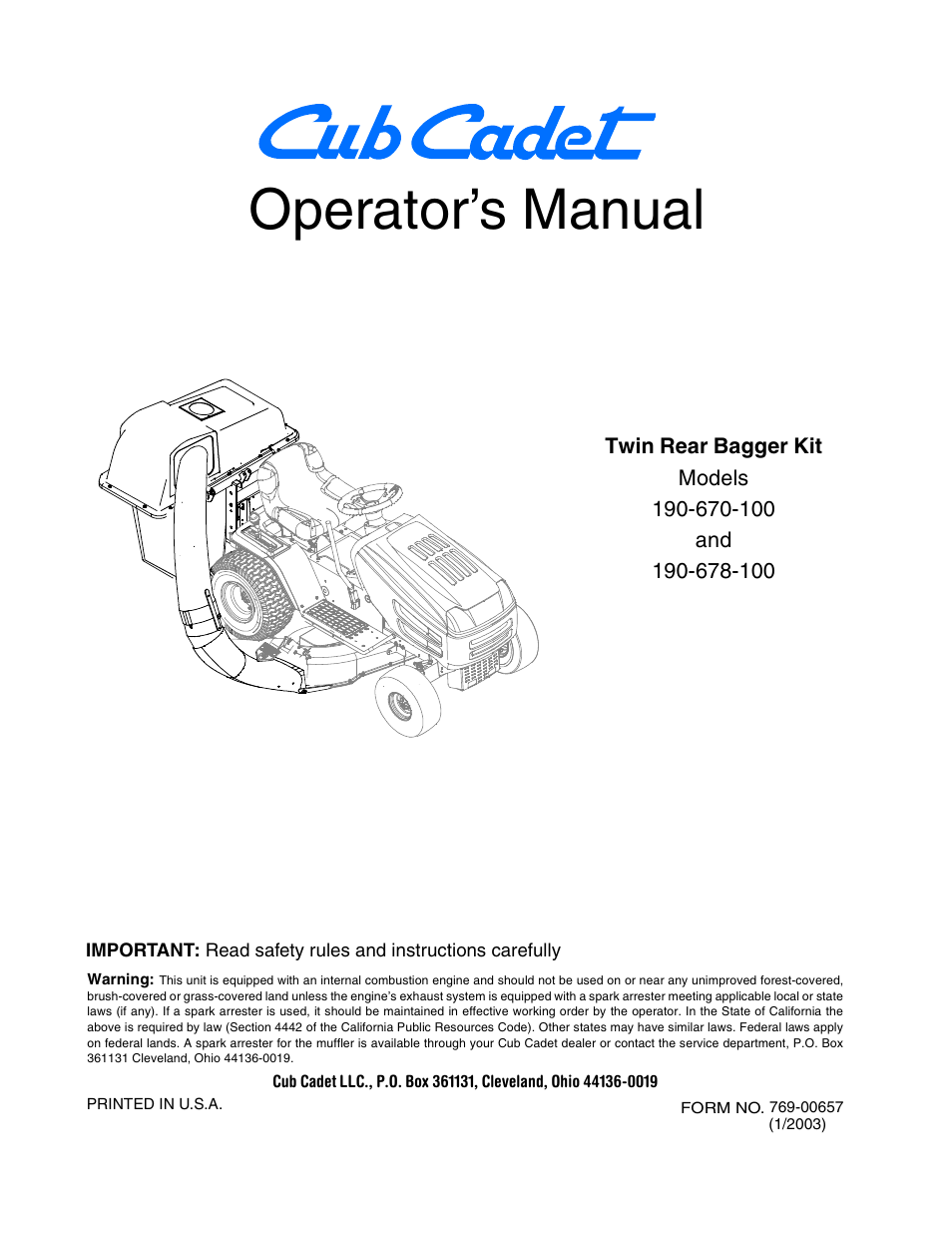 Cub Cadet 190-678-100 User Manual | 12 pages