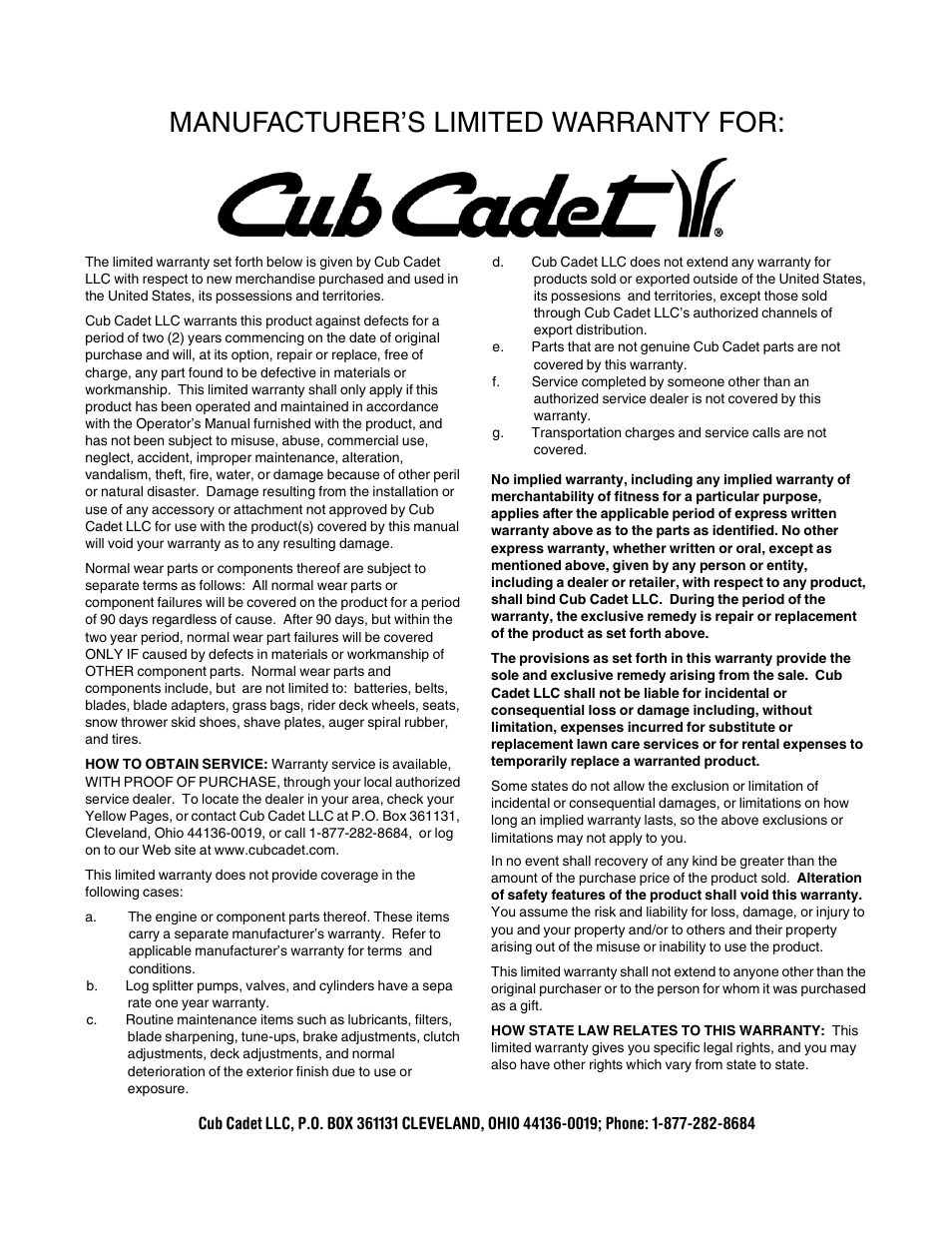 Manufacturer’s limited warranty for | Cub Cadet 190-678-100 User Manual | Page 12 / 12