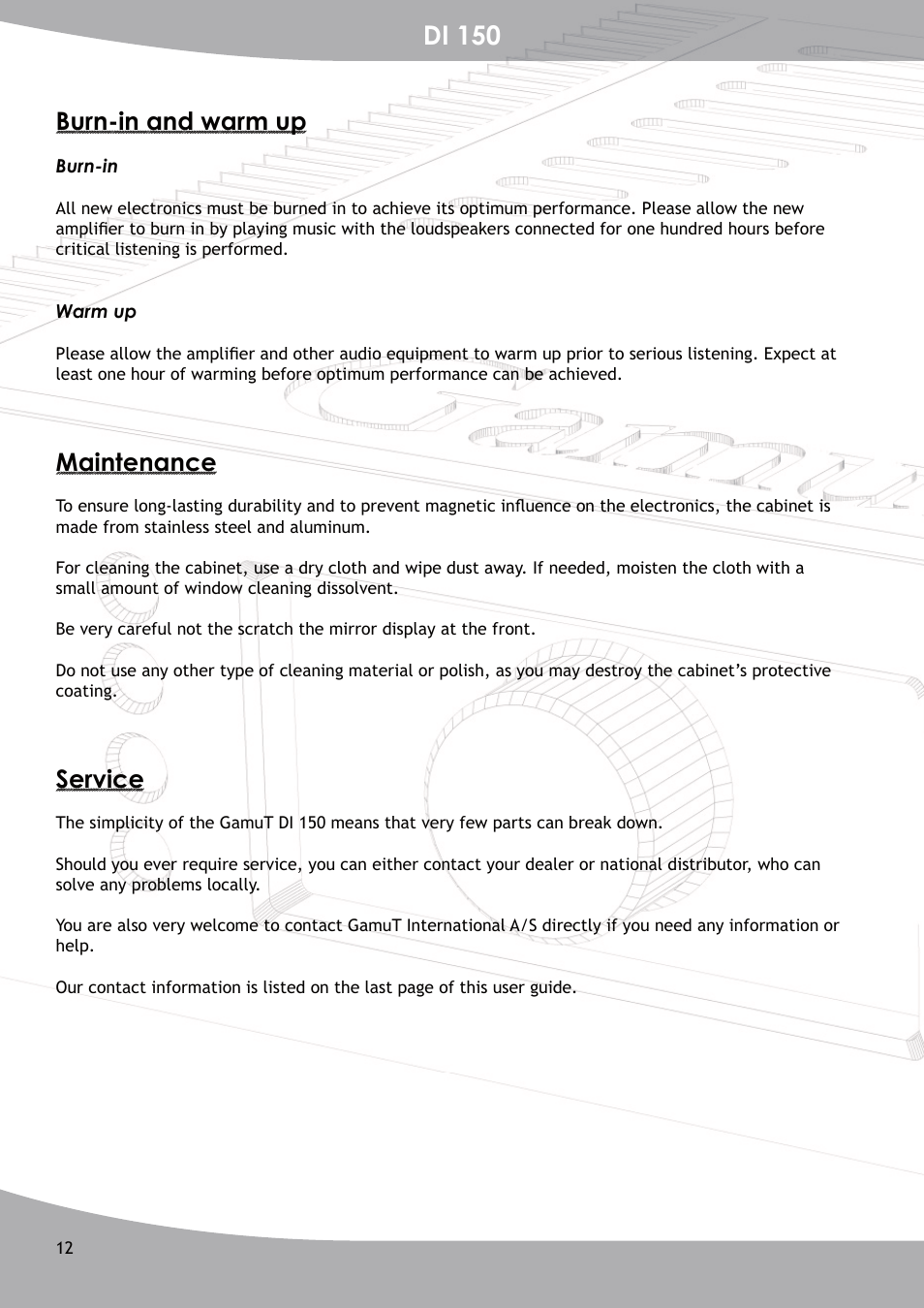 Di 150, Burn-in and warm up, Maintenance | Service | GamuT Di150 User Manual | Page 12 / 16