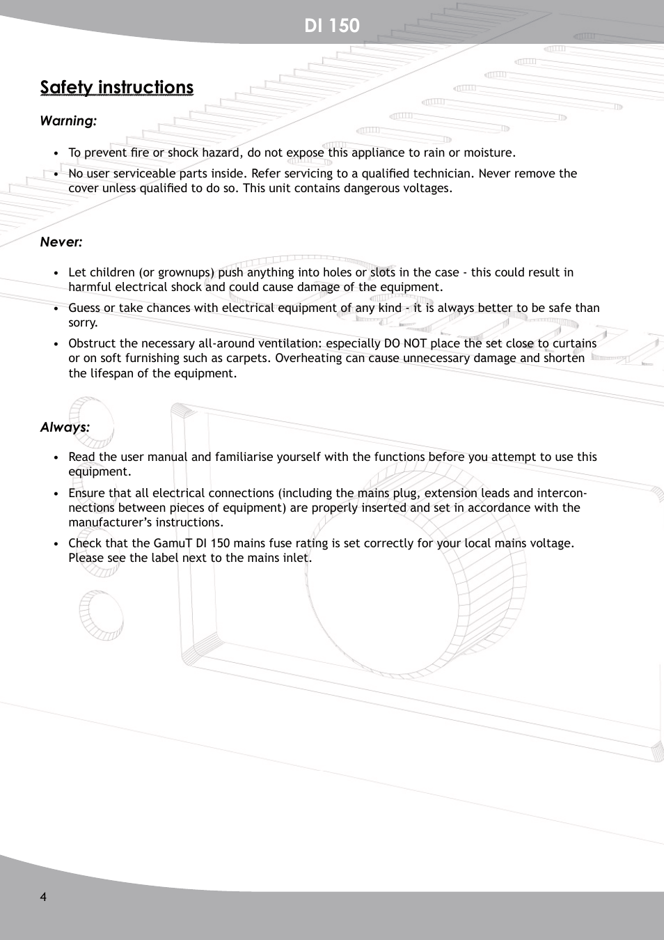 Di 150, Safety instructions | GamuT Di150 User Manual | Page 4 / 16