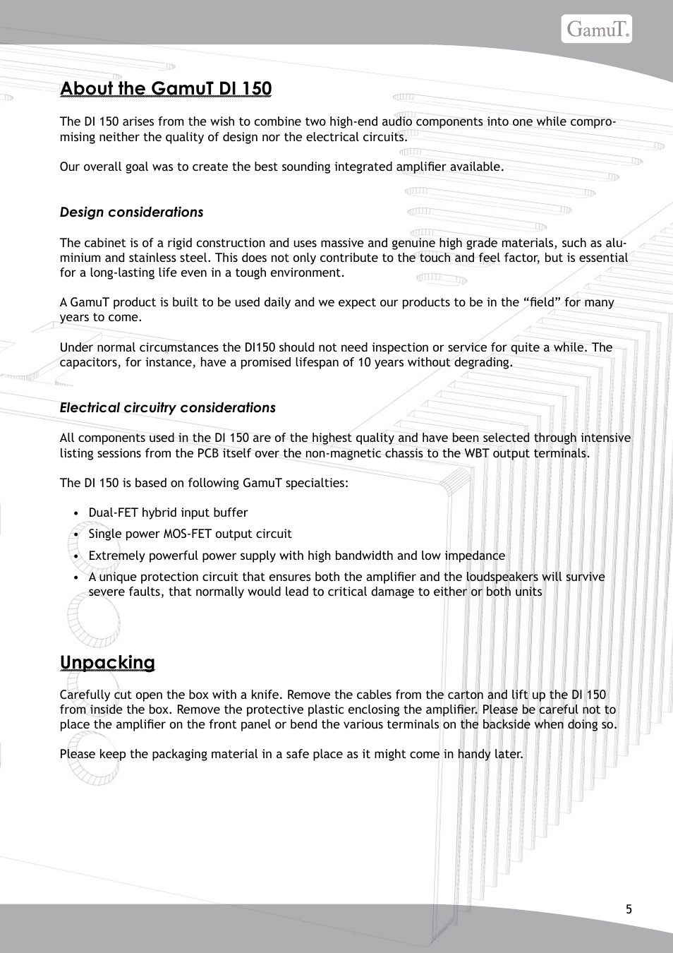 About the gamut di 150, Unpacking | GamuT Di150 User Manual | Page 5 / 16