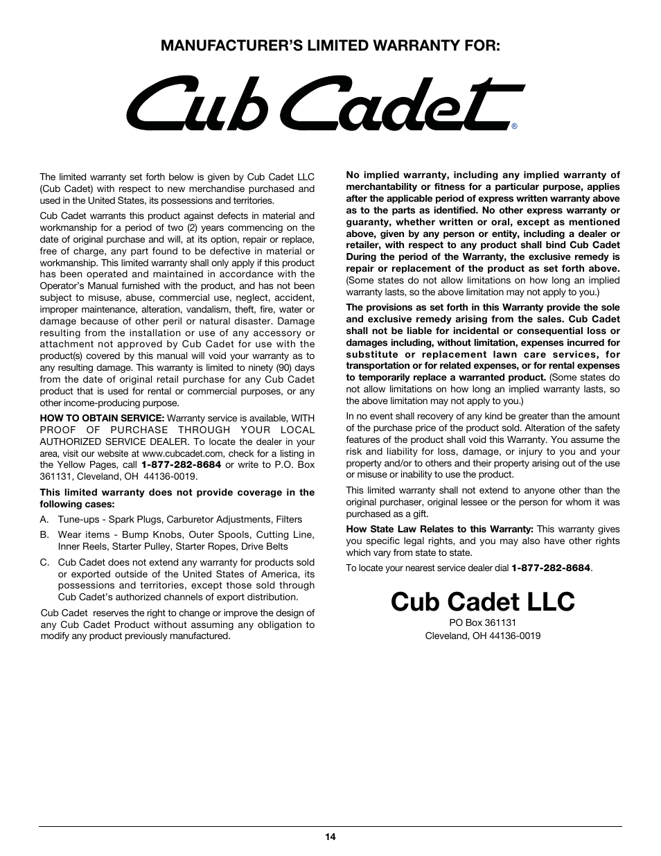 Cub cadet llc, Manufacturer’s limited warranty for | Cub Cadet CC4065 User Manual | Page 14 / 44
