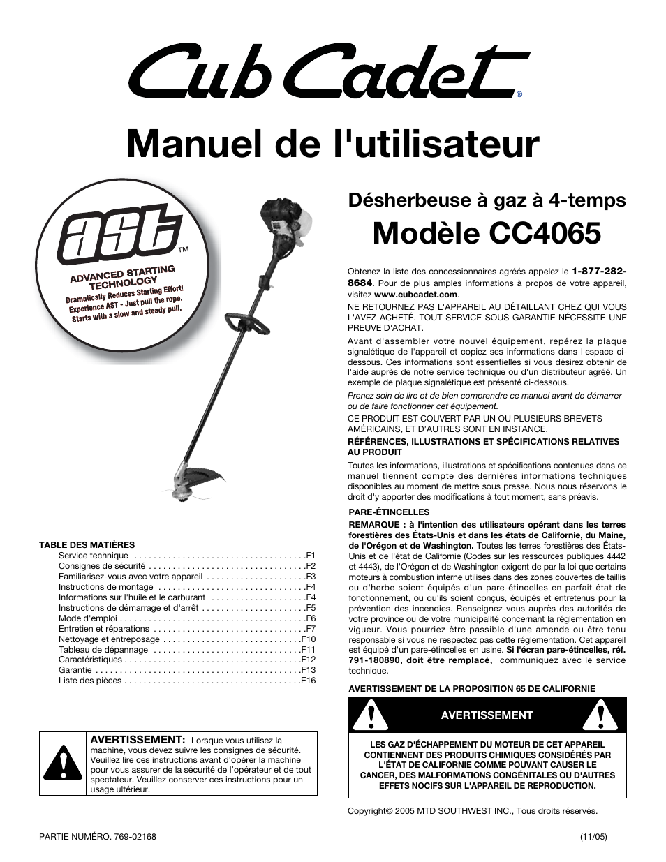 Manuel de l'utilisateur, Modèle cc4065, Désherbeuse à gaz à 4-temps | Cub Cadet CC4065 User Manual | Page 15 / 44