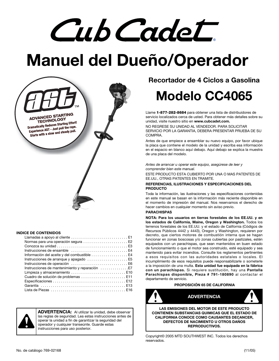 Manuel del dueño/operador, Modelo cc4065, Recortador de 4 ciclos a gasolina | Cub Cadet CC4065 User Manual | Page 29 / 44