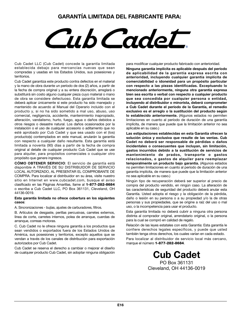 Cub cadet, Garantía limitada del fabricante para | Cub Cadet CC4065 User Manual | Page 44 / 44