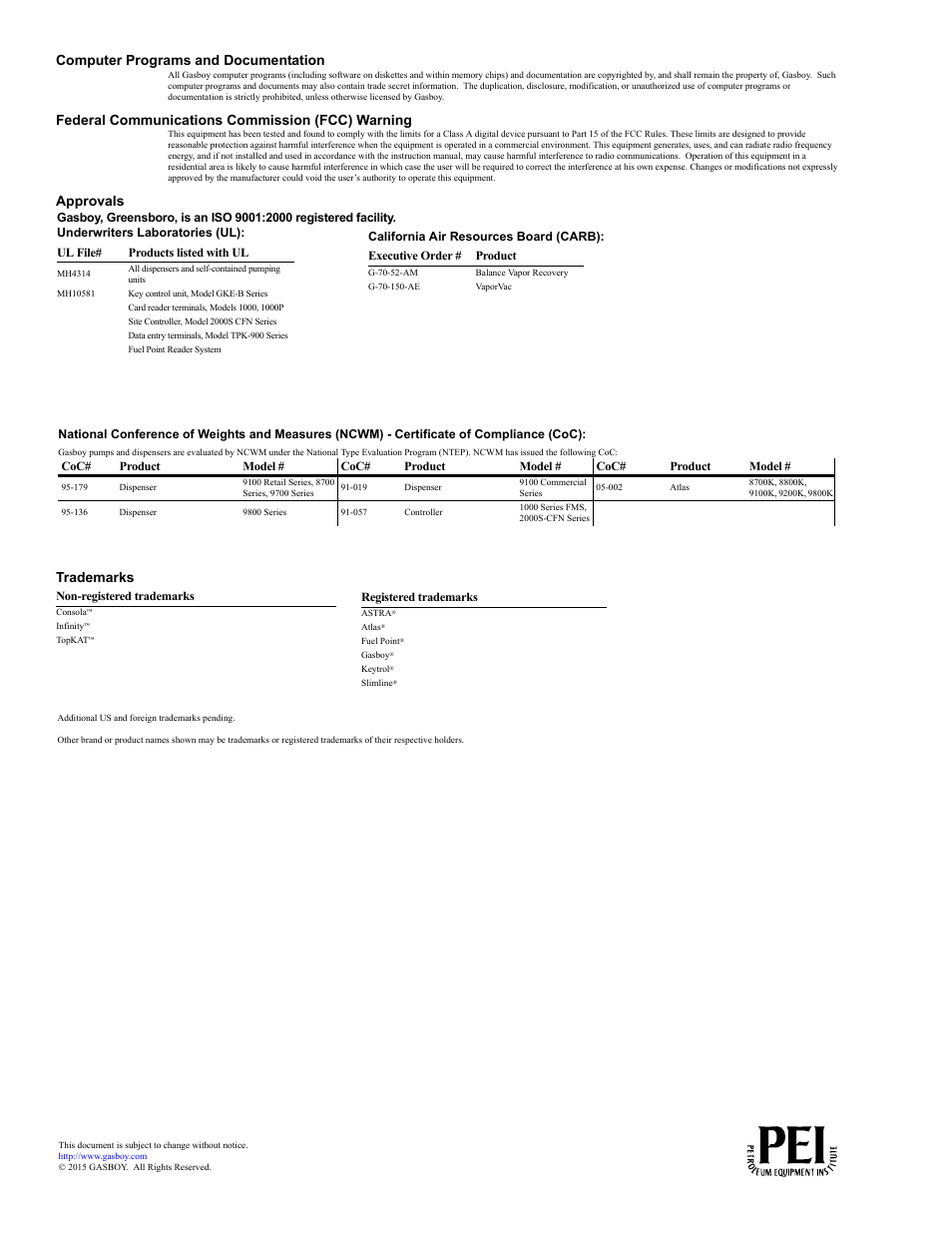 Computer programs and documentation, Federal communications commission (fcc) warning, Approvals trademarks | Gasboy 9120K Series User Manual | Page 2 / 12