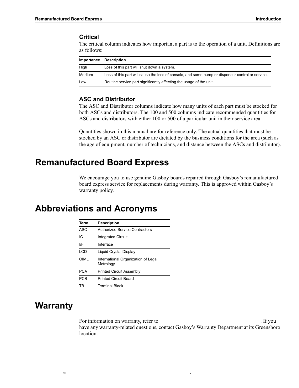 Remanufactured board express, Abbreviations and acronyms, Warranty | Gasboy 9120K Series User Manual | Page 6 / 12