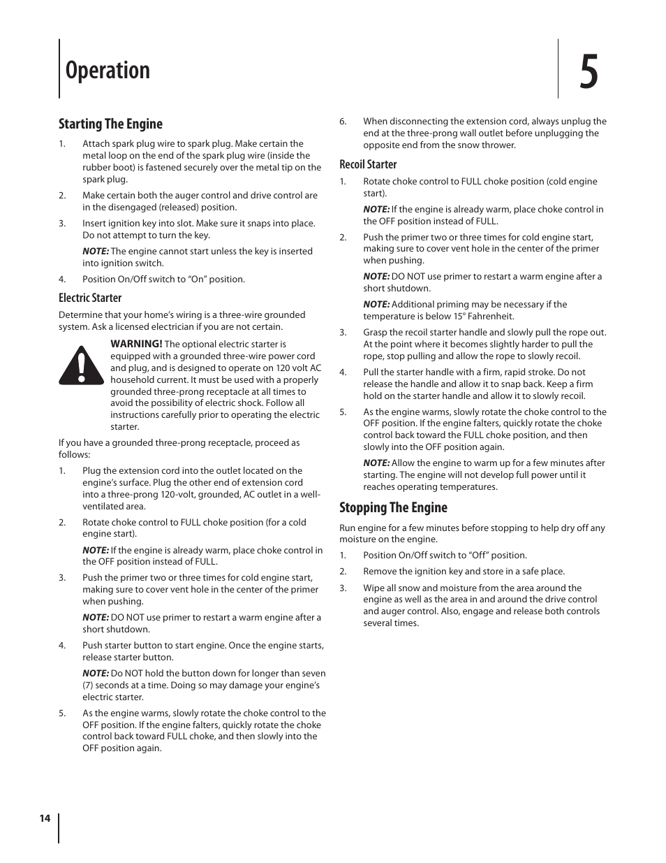 Operation, Starting the engine, Stopping the engine | Cub Cadet 928 SWE User Manual | Page 14 / 28