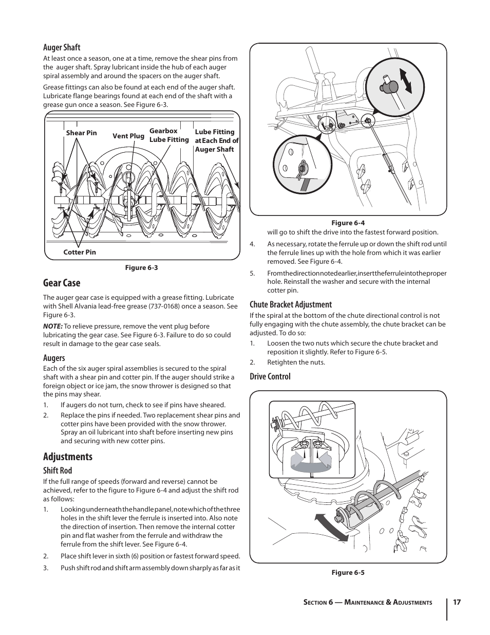 Gear case, Adjustments, Auger shaft | Augers, Shift rod, Chute bracket adjustment, Drive control | Cub Cadet 928 SWE User Manual | Page 17 / 28