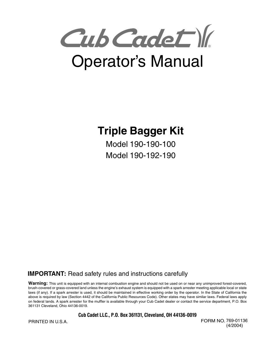 Cub Cadet 190-190-100 User Manual | 12 pages