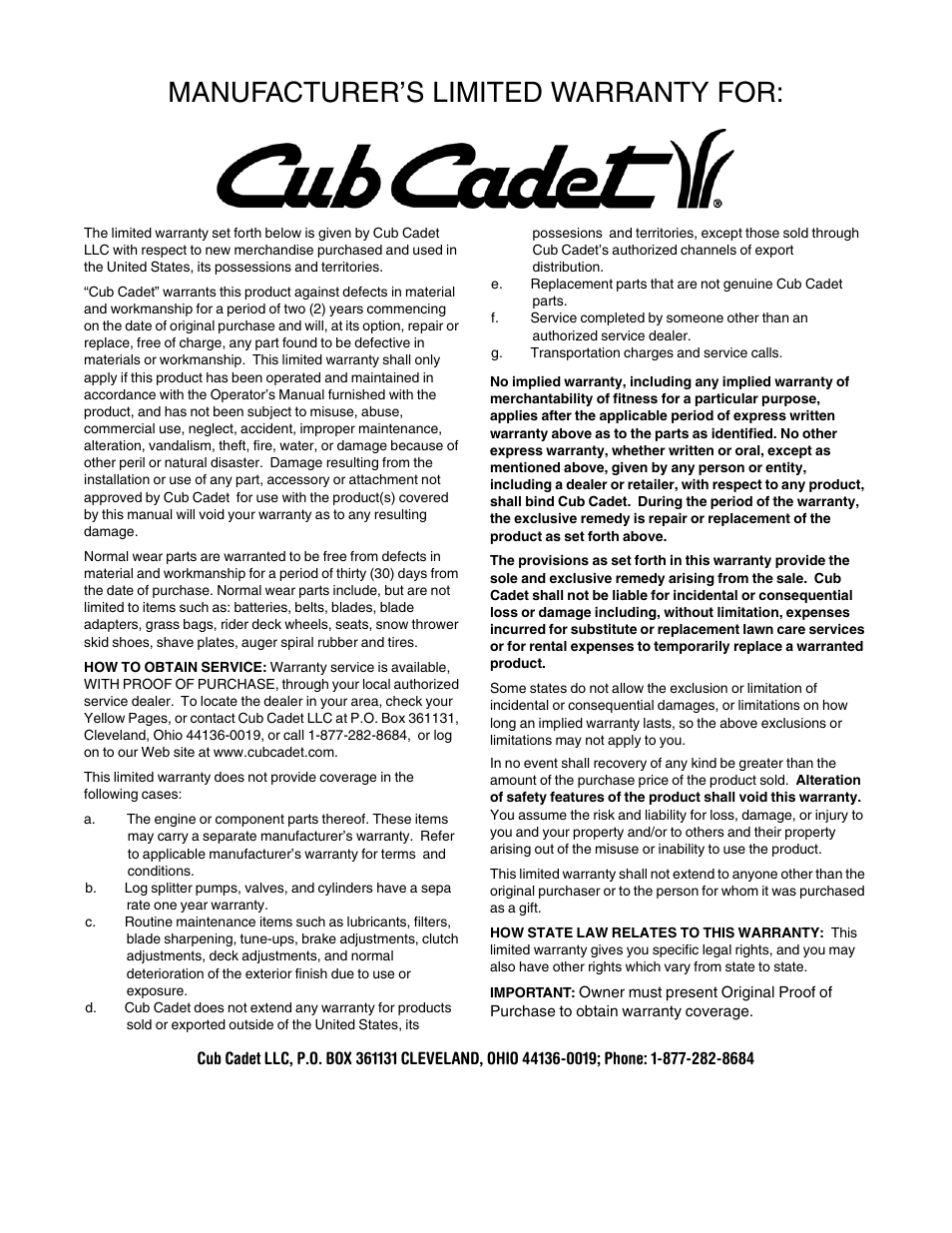 Manufacturer’s limited warranty for | Cub Cadet 190-190-100 User Manual | Page 12 / 12