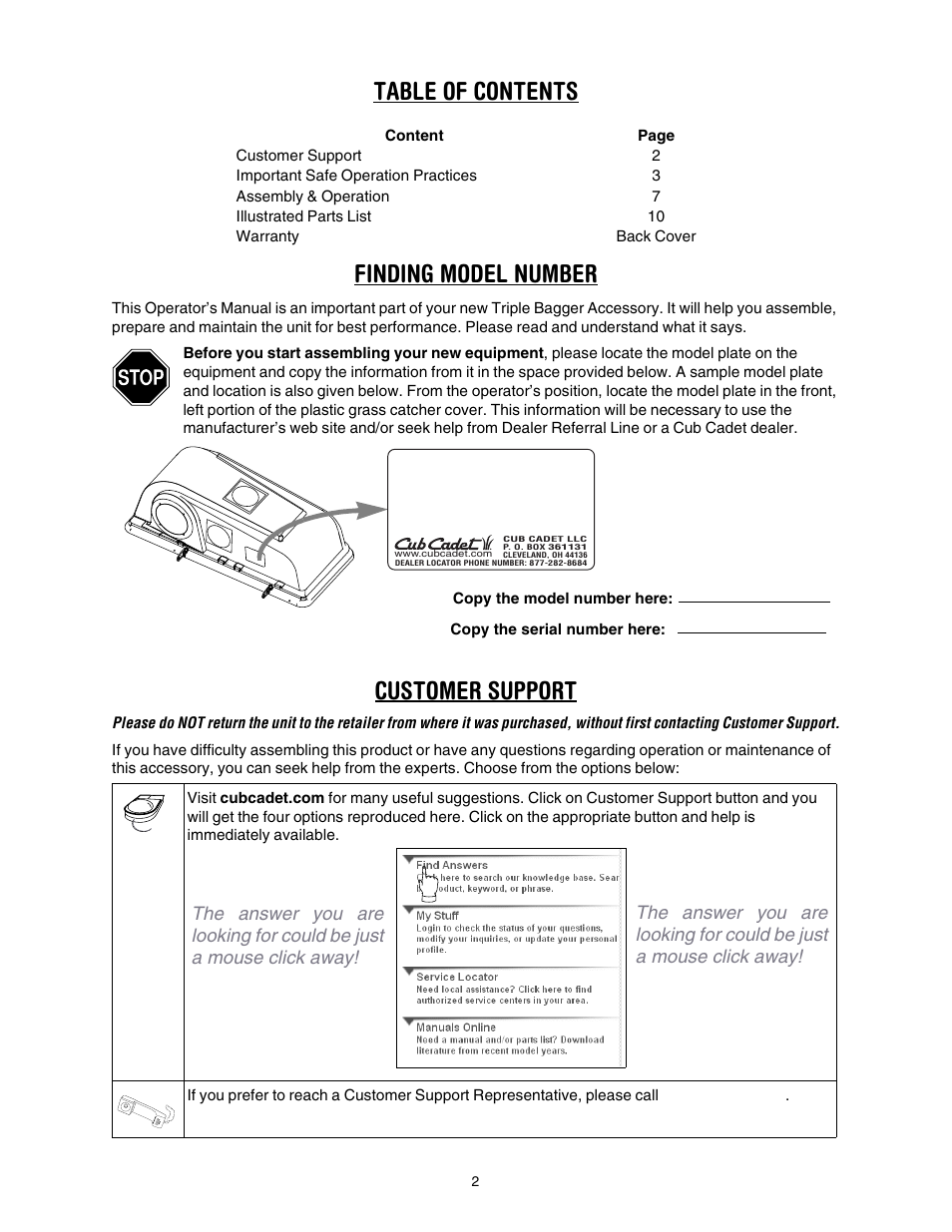Table of contents finding model number, Customer support | Cub Cadet 190-190-100 User Manual | Page 2 / 12