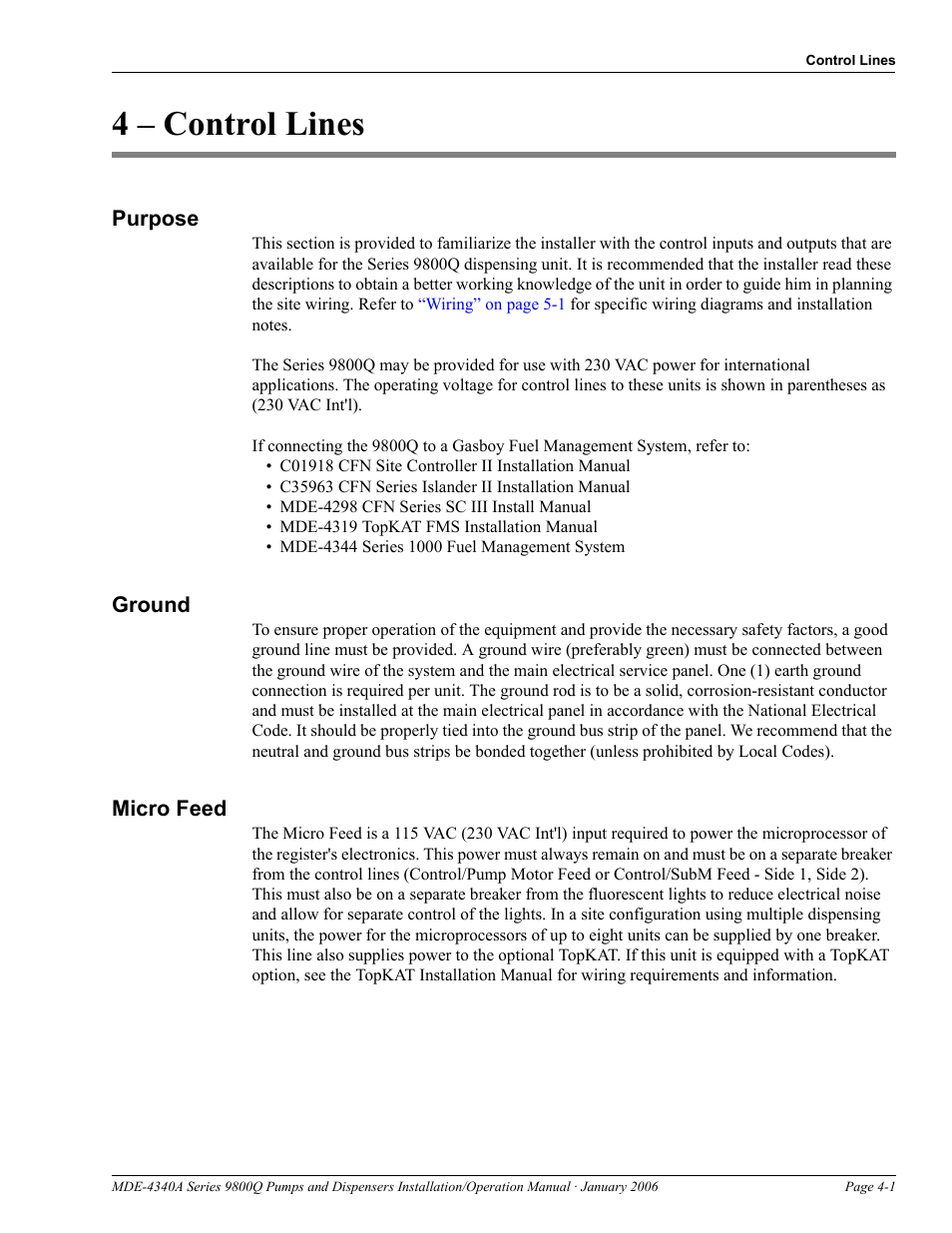 4 - control lines, Purpose, Ground | Micro feed, 4 – control lines, Purpose -1 ground -1 micro feed -1 | Gasboy 9800Q Series User Manual | Page 29 / 82