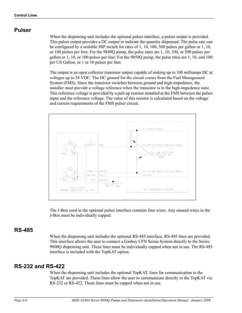 Pulser, Rs-485, Rs-232 and rs-422 | Pulser -6 rs-485 -6 rs-232 and rs-422 -6 | Gasboy 9800Q Series User Manual | Page 34 / 82