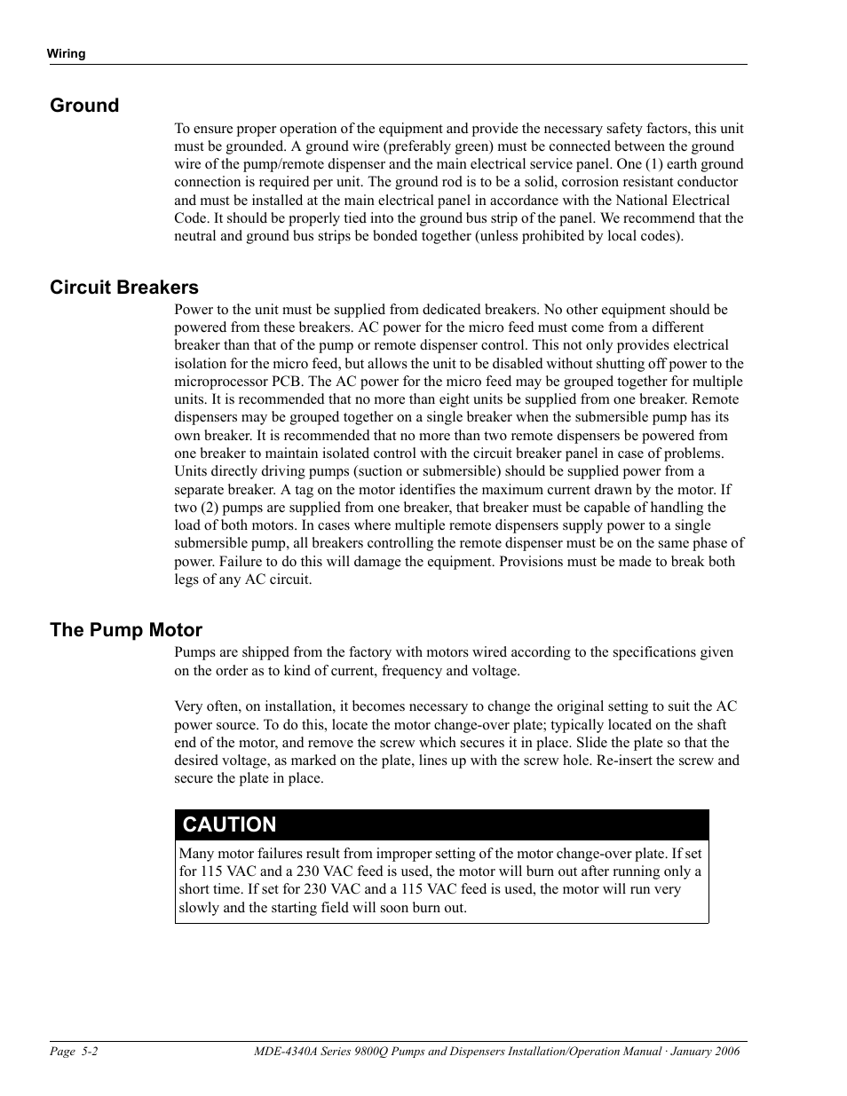 Ground, Circuit breakers, The pump motor | Ground -2 circuit breakers -2 the pump motor -2, Caution | Gasboy 9800Q Series User Manual | Page 36 / 82