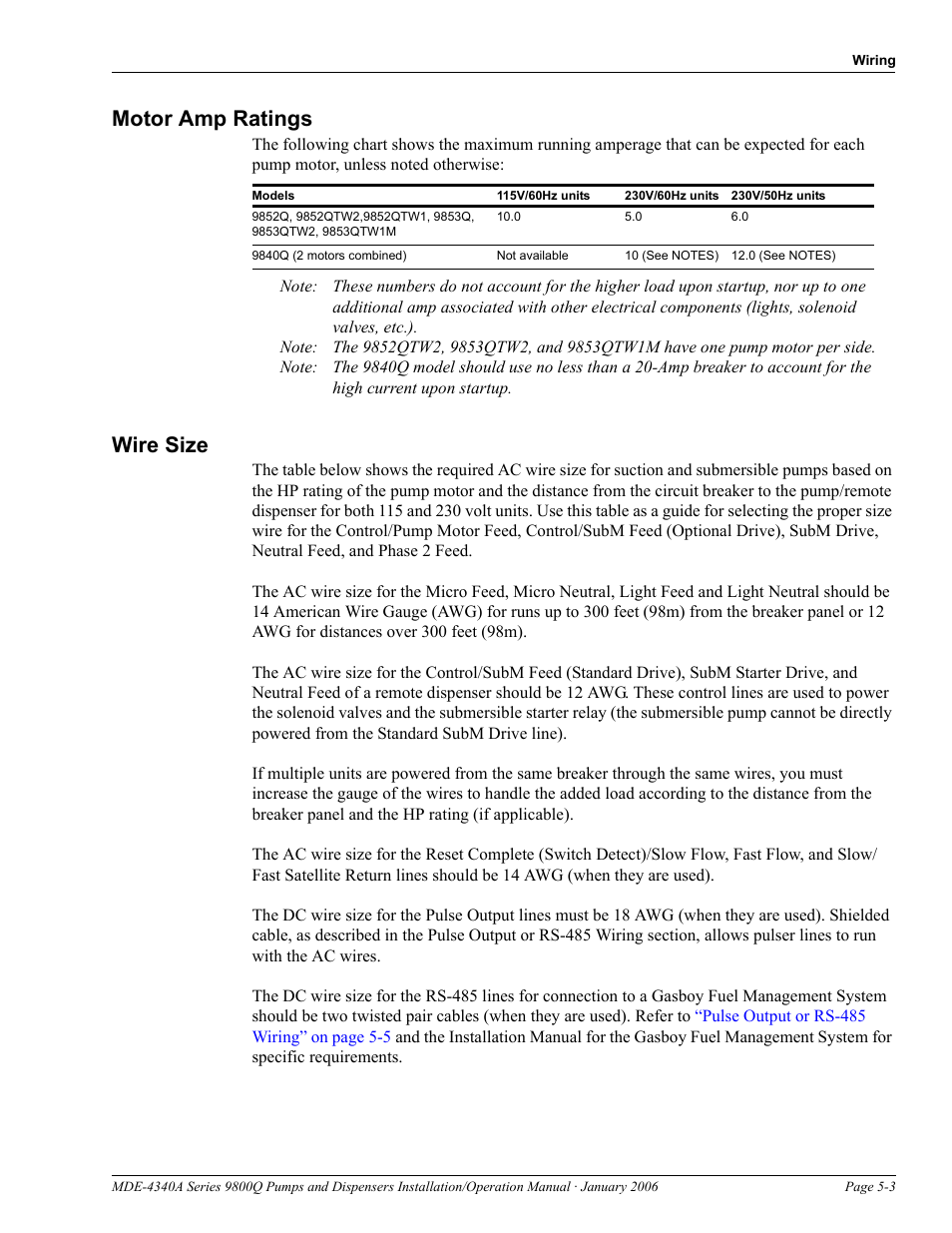 Motor amp ratings, Wire size, Motor amp ratings -3 wire size -3 | Gasboy 9800Q Series User Manual | Page 37 / 82