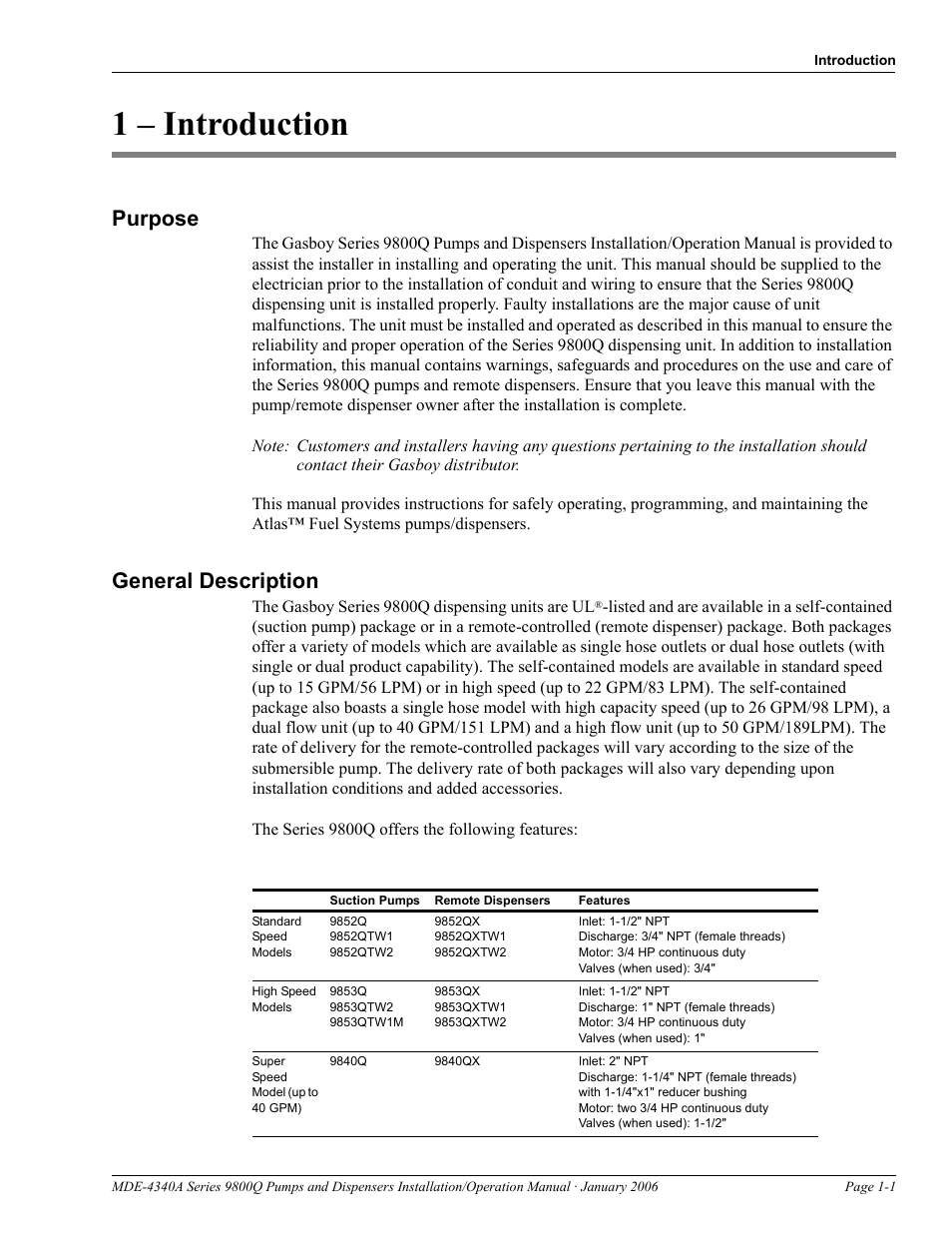 1 - introduction, Purpose, General description | 1 – introduction, Purpose -1 general description -1 | Gasboy 9800Q Series User Manual | Page 5 / 82