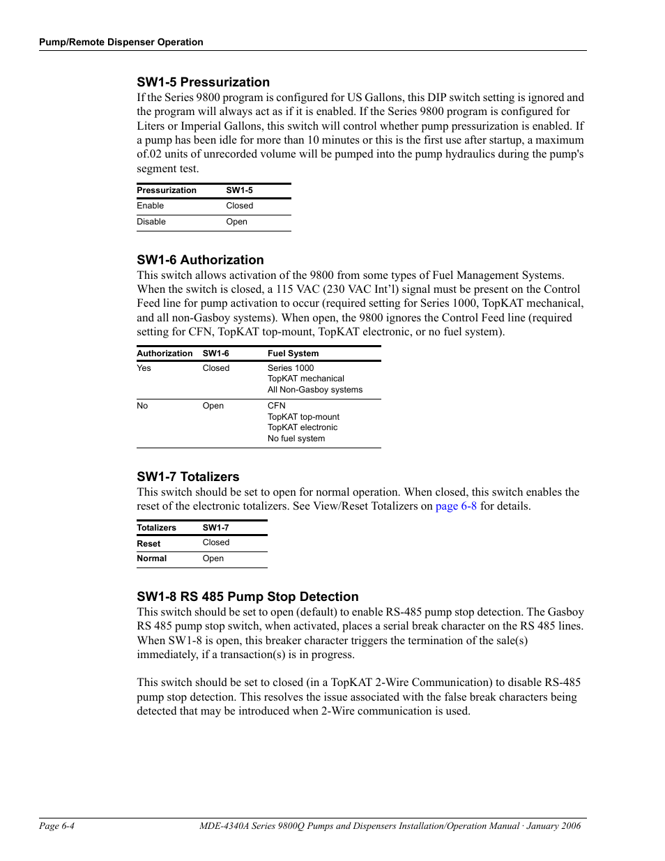 Sw1-5 pressurization, Sw1-6 authorization, Sw1-7 totalizers | Sw1-8 rs 485 pump stop detection | Gasboy 9800Q Series User Manual | Page 68 / 82