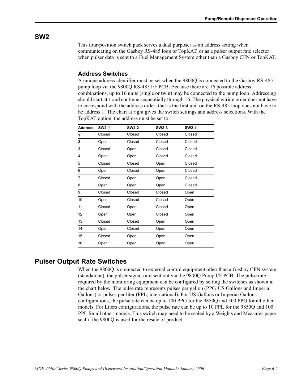 Address switches, Pulser output rate switches, Sw2 -5 pulser output rate switches -5 | Gasboy 9800Q Series User Manual | Page 69 / 82