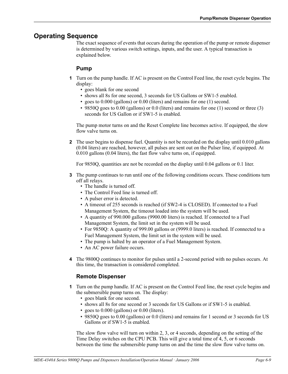 Operating sequence, Pump, Remote dispenser | Operating sequence -9 | Gasboy 9800Q Series User Manual | Page 73 / 82