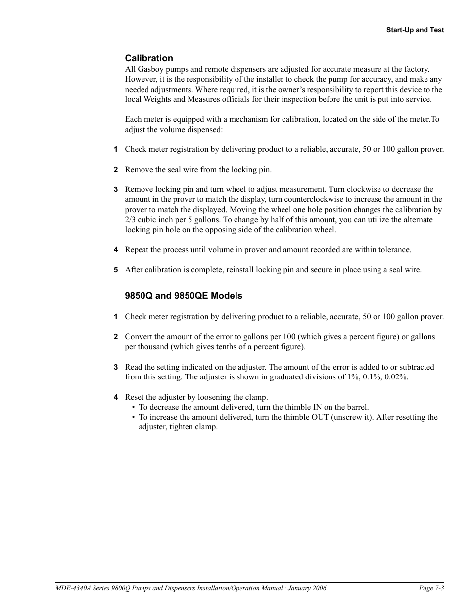 Calibration, 2 remove the seal wire from the locking pin, 9850q and 9850qe models | 4 reset the adjuster by loosening the clamp | Gasboy 9800Q Series User Manual | Page 77 / 82