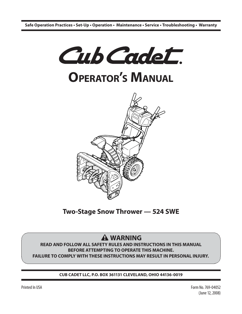 Cub Cadet 524 SWE User Manual | 28 pages