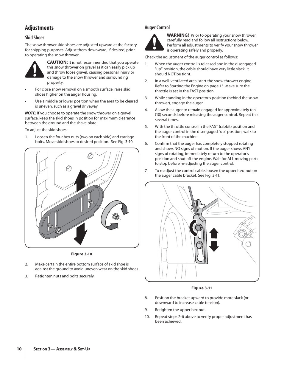 Adjustments, Skid shoes, Auger control | Cub Cadet 524 SWE User Manual | Page 10 / 28