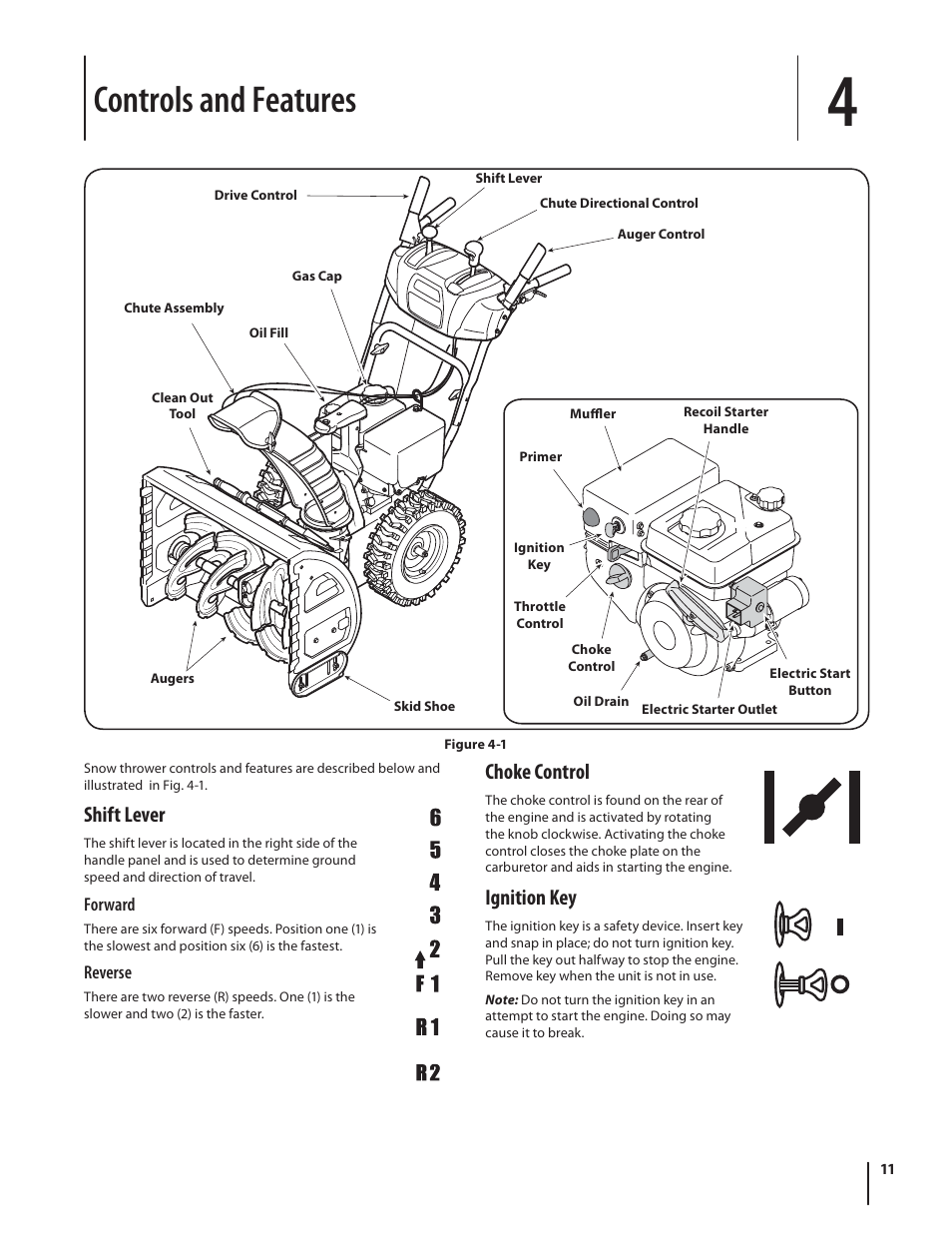 Controls and features, Shift lever, Choke control | Ignition key | Cub Cadet 524 SWE User Manual | Page 11 / 28