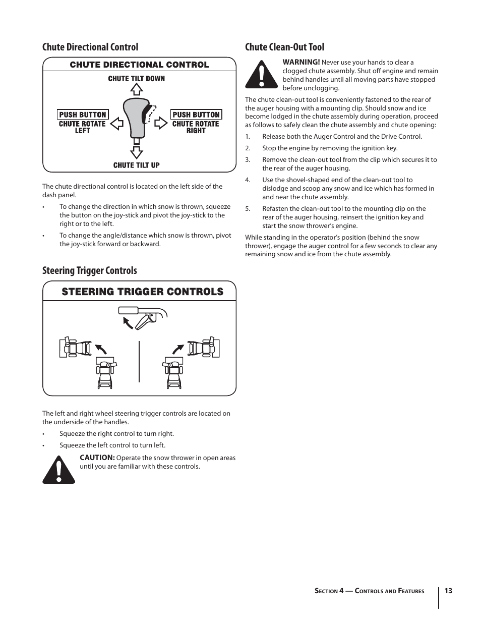 Chute directional control, Steering trigger controls, Chute clean-out tool | Cub Cadet 524 SWE User Manual | Page 13 / 28
