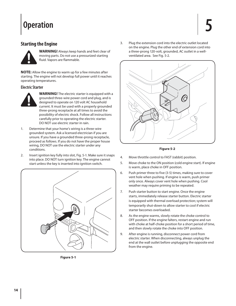 Operation, Starting the engine | Cub Cadet 524 SWE User Manual | Page 14 / 28