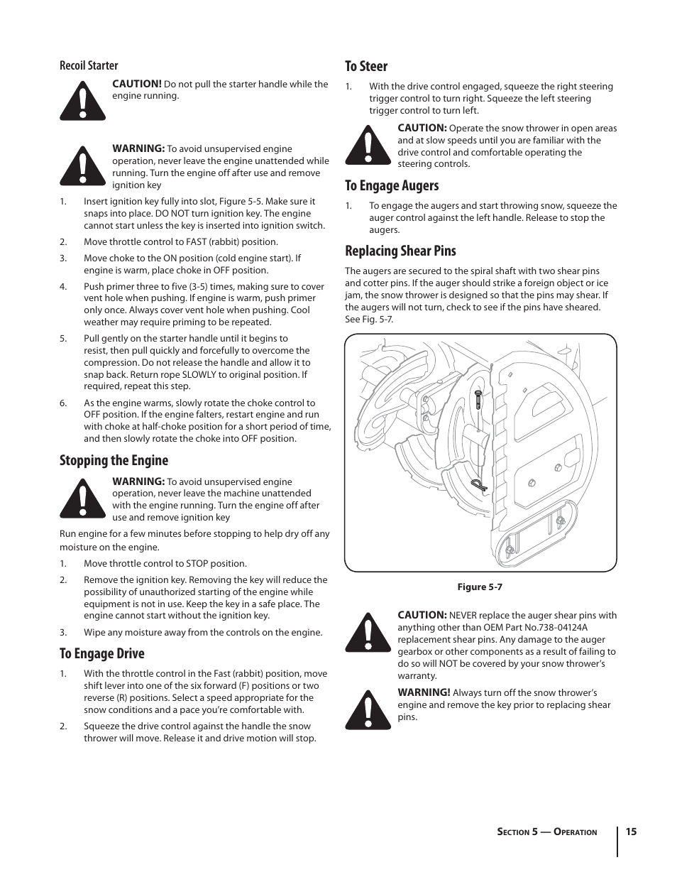 Stopping the engine, Replacing shear pins, Recoil starter | Cub Cadet 524 SWE User Manual | Page 15 / 28