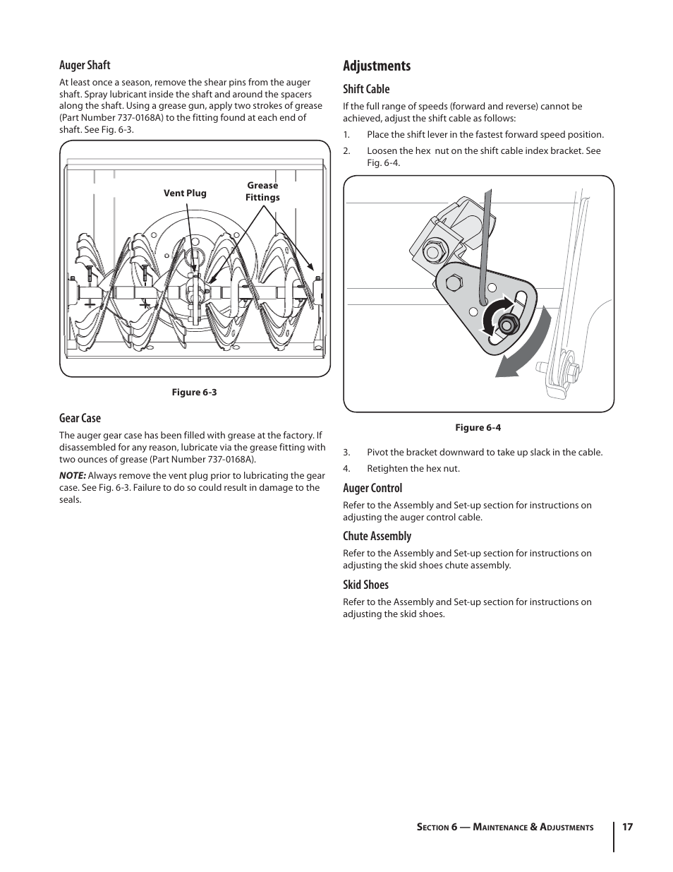Adjustments, Auger shaft, Gear case | Shift cable, Auger control, Chute assembly, Skid shoes | Cub Cadet 524 SWE User Manual | Page 17 / 28